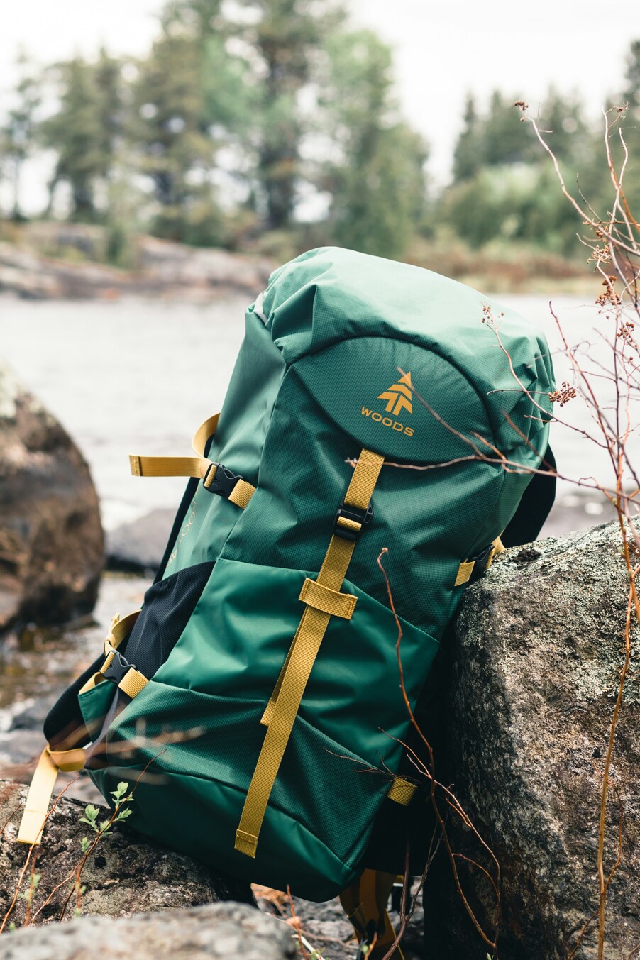 Green backpack on the ground